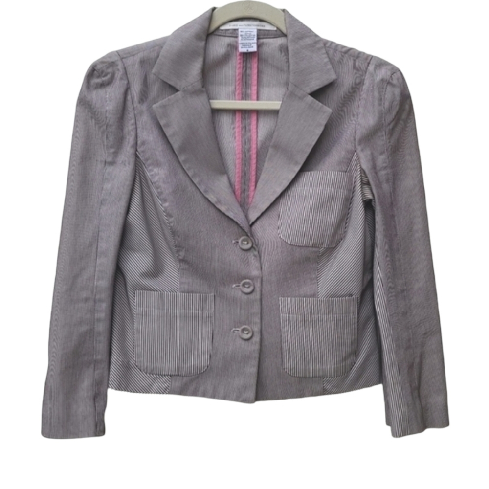 DIANE VON FURSTENBERG DVF Pinstriped Peplum Blazer 6 M Crop Jacket Seersucker - Picture 2 of 16
